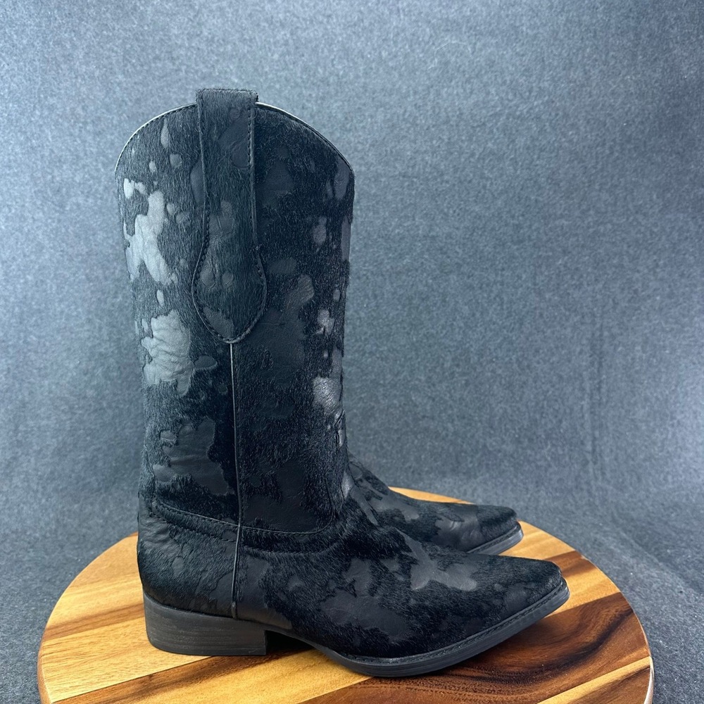 Dingo Women's Cow Print Black Western Mid-Calf Pull On Pointed Toe Boots Size 9